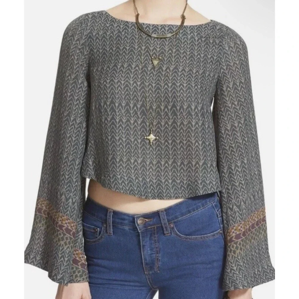 Free People Sz S Stars Aligned Patterned Bell Sleeve Crop Blouse Boxy Top Jade